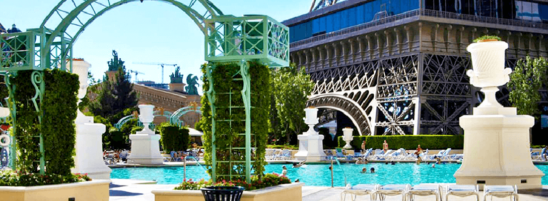 A view of Soleil Las Vegas, the pool at the base of the Eiffel Tower replica at Paris Hotel
