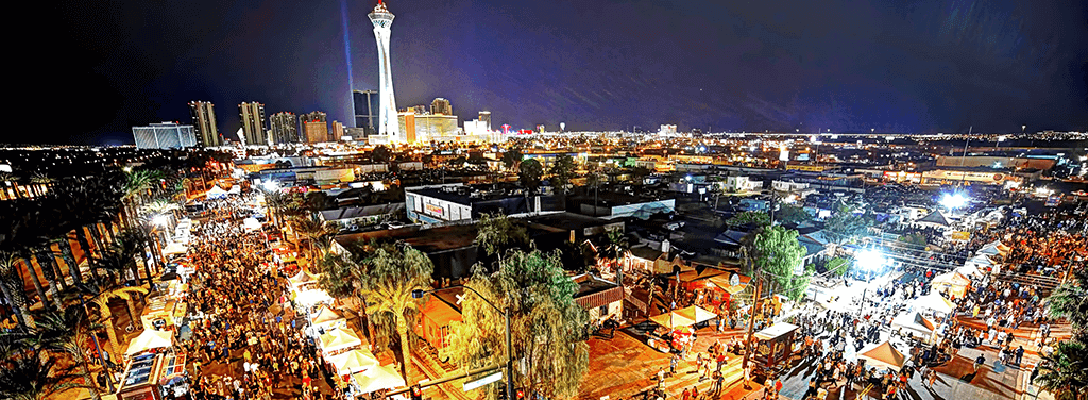 Aerial Nighttime Photo of First Friday in 18b Las Vegas Arts District