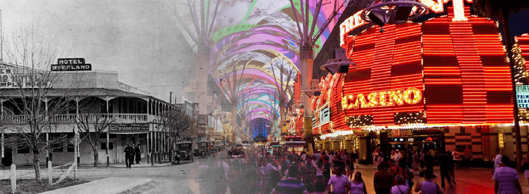 Fremont Street back in the day, merging into what it looks like today
