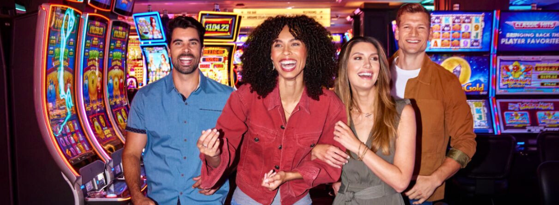 Friends Walking Through Slot Machines at the D Las Vegas
