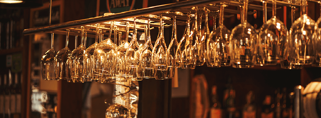 Glasses hanging from the bar at The Griffin in Las Vegas