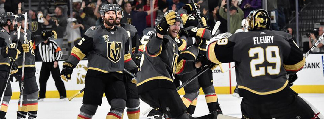 Vegas Golden Knights players celebrating on the ice