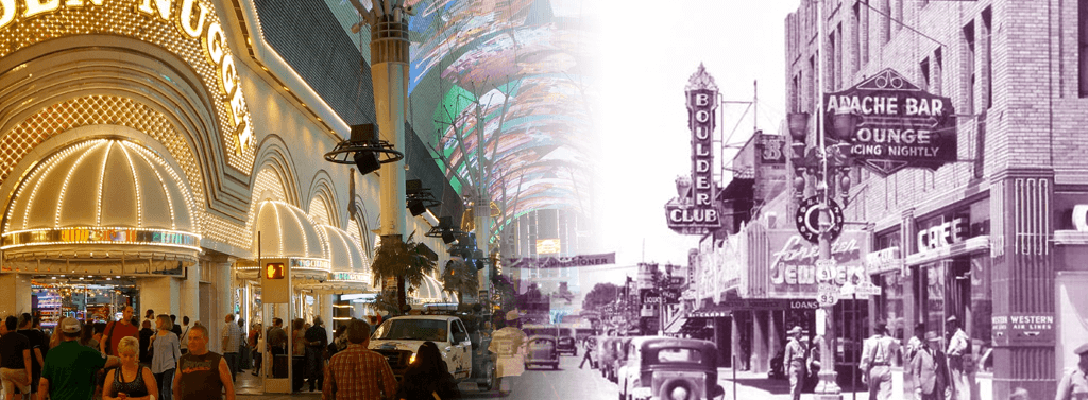 What Fremont Street currently looks like with the walking visitors, and what it use to look like with cars driving through